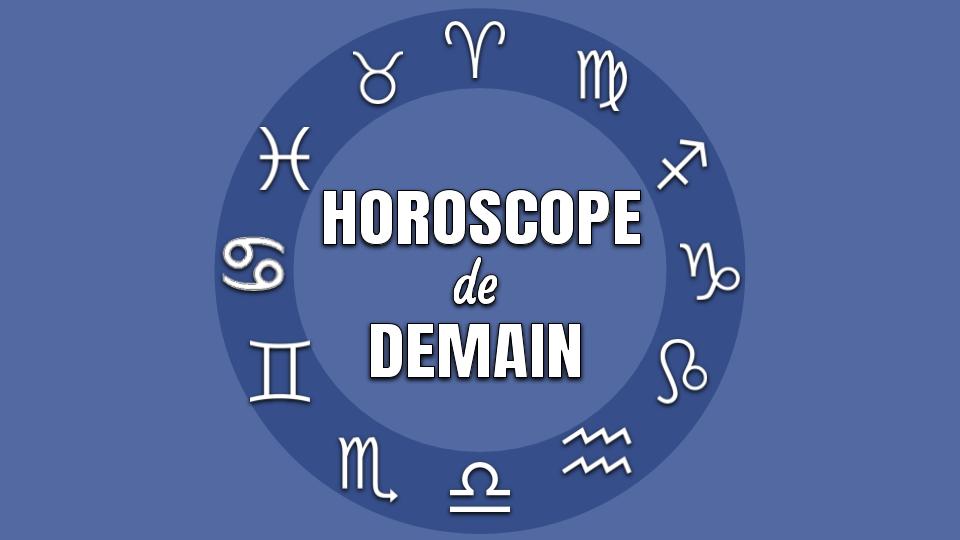 Un cercle parsemé de tous les symboles des signes du zodiaque avec le titre Horoscope de demain écrit au centre