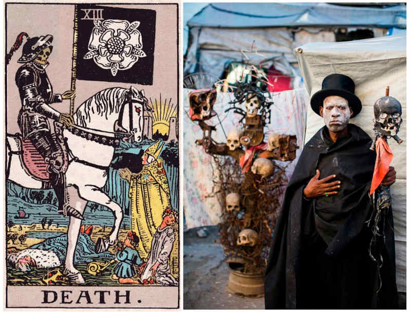 L'image est en 2 parties. A gauche, la carte de tarot de la justice, à droite, la photo d'un haïtien mimant la même scène que celle figurant sur la carte