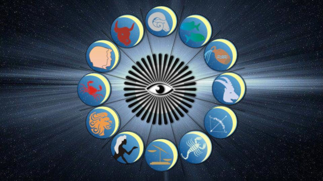 un oeil rayonnant au centre des signes du zodiaque placés en cercle
