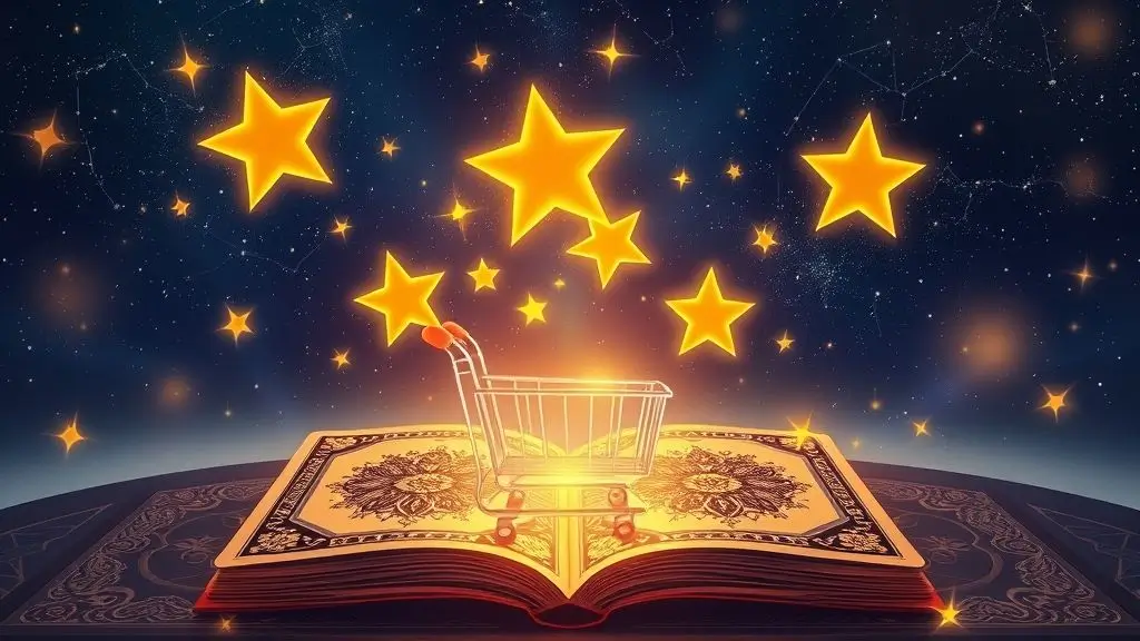 Des étoiles lumineuses jaillissent d'un caddie miniature posé sur un livre ésotérique