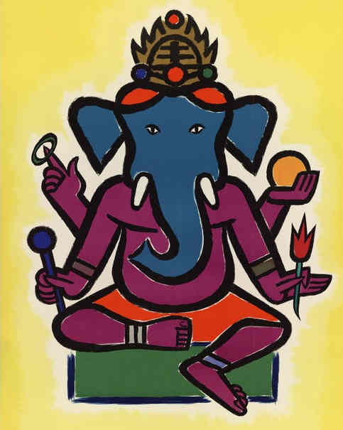 un dessin représentant Shiva. Le corps est celui d'un humain à 4 bras et la tête, celle d'un éléphant.