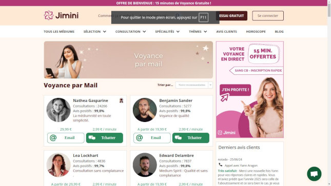 La page de voyance par mail de Jimini.fr