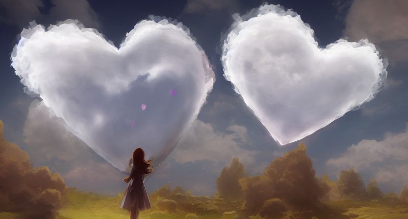 une petite fille, de dos, onbserve deux énormes nuages en forme de coeur